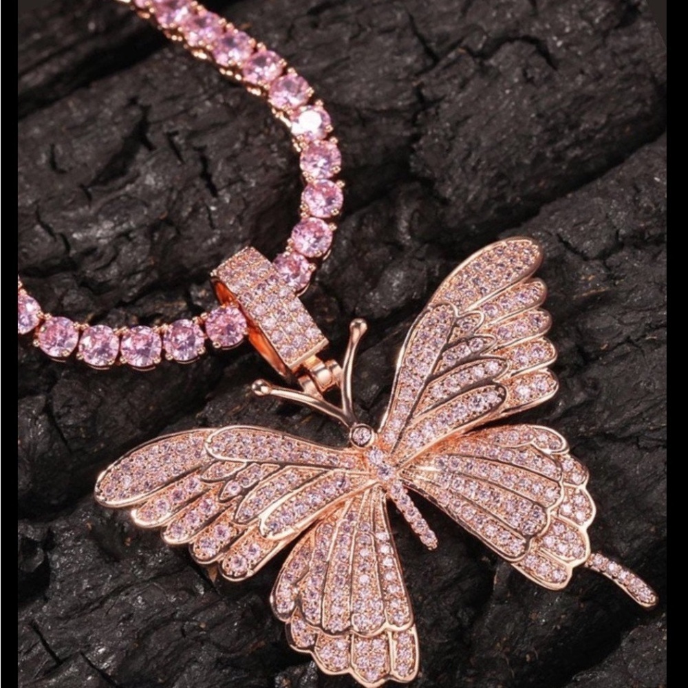 Pink Butterfly tennis Pendant Necklace 18inch - Picture 2 of 5